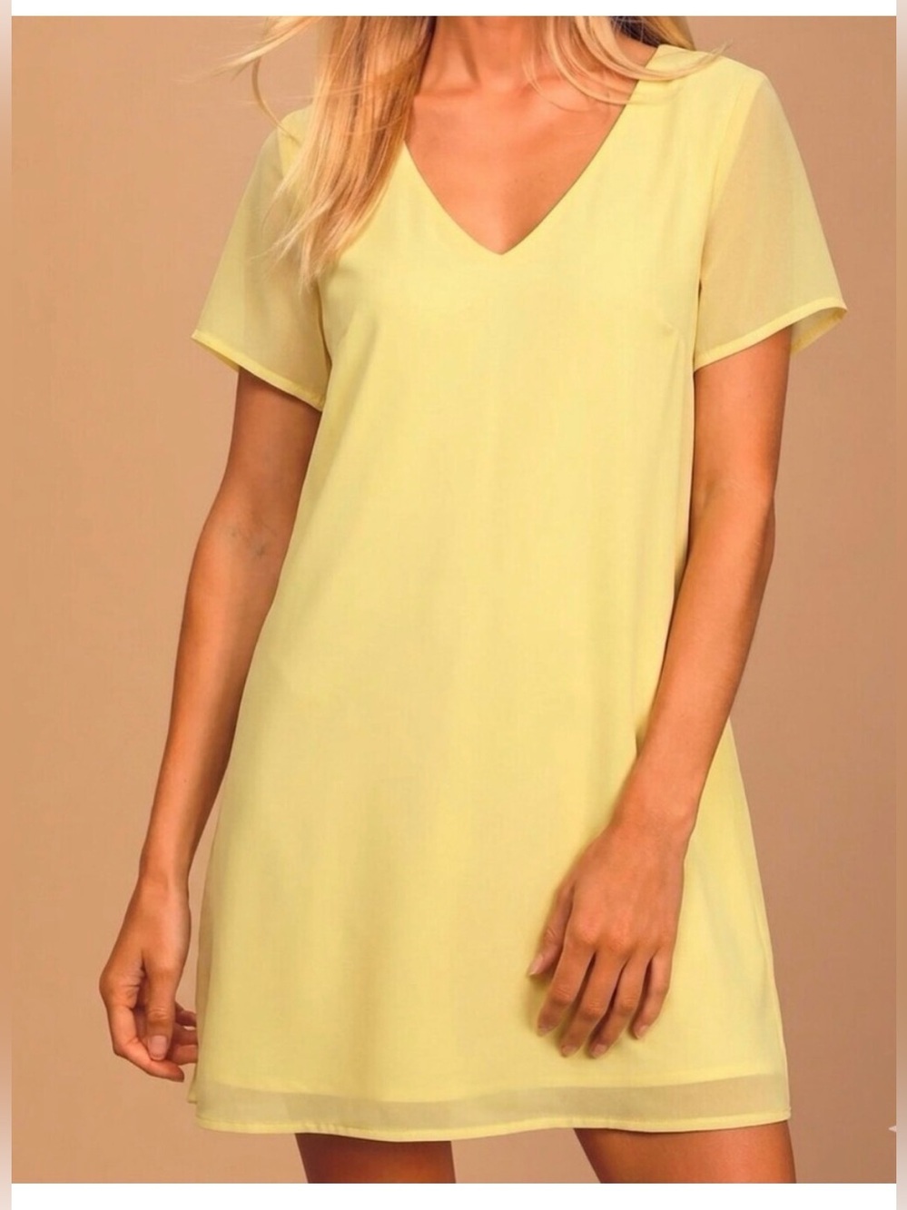 New lulus Women V-Neck Short Sleeve Yellow Shift Mini Dress Sheer Size Small